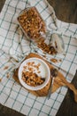 Granola made from oat flakes, honey, nuts, bananas, raisins. Festive dish