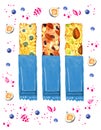 Granola and muesli bars in blue packaging with different nuts and fruits. Hand drawn watercolor illustration Royalty Free Stock Photo