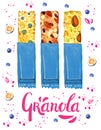 Granola and muesli bars in blue packaging with different nuts and fruits. Pink granola lettering Royalty Free Stock Photo