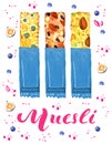 Granola and muesli bars in blue packaging with different nuts and fruits. Pink muesli lettering Royalty Free Stock Photo