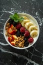 Granola muesli breakfast cereal, with milk and fresh fruit Royalty Free Stock Photo