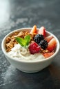 Granola muesli breakfast cereal, with milk and fresh fruit Royalty Free Stock Photo