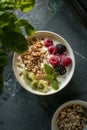 Granola muesli breakfast cereal, with milk and fresh fruit Royalty Free Stock Photo