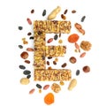 Granola muesli, cereal bar in form of letter E and its ingredi