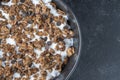 Granola with oatmeal, dried fruit, honey, raisins, chocolate chips, almond and cashew nuts with yogurt in a bowl Royalty Free Stock Photo