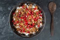 Granola with oatmeal, dried fruit, honey, raisins, chocolate chips, nuts and red pomegranate seeds with yogurt Royalty Free Stock Photo