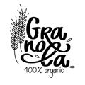 Granola logo vector. Lettering and stylized spikelets with grains. Black calligraphy isolated on white. Healthy food