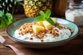 Granola in a plate with pineapple yogurt