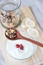 Granola spoon put on yogurt bowl Royalty Free Stock Photo