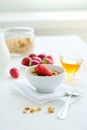 Granola with Strawberries Milk and Honey Breakfast Healthy Food Royalty Free Stock Photo