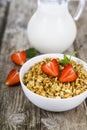 Granola with strawberry and a jug of milk Royalty Free Stock Photo