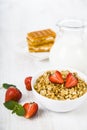 Granola with strawberry and a jug of milk Royalty Free Stock Photo