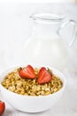 Granola with strawberry and a jug of milk Royalty Free Stock Photo