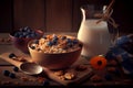 Granola with yoghurt and fresh blueberries in glass. Dessert parfait with berries for breakfast