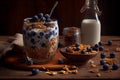 Granola with yoghurt and fresh blueberries in glass. Dessert parfait with berries for breakfast