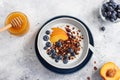 Granola with yogurt, blueberries, peach and honey