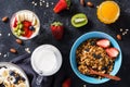 Granola, yogurt, fresh fruits and honey jar Royalty Free Stock Photo