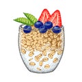 Granola yogurt in glass with strawberries, blueberries, mint. Oatmeal healthy breakfast, oat grain porridge. Cereal food