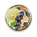 Granola with Yogurt, Lime and Blueberries, Healthy Snack or Breakfast on White Isolated