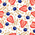 Granola yogurt with strawberries, blueberries, seamless pattern. Healthy food, oat flakes. Oatmeal muesli. Porridge and Royalty Free Stock Photo