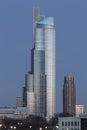 Grant Condominium tower at sunrise. The Grant condos facing east have a direct view of Lake Michigan