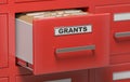 Grants folders and files in cabinet in office. 3D rendered illustration