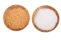 Granulated brown and white sugar in wooden bowl isolated on white background. Top view. Flat lay Royalty Free Stock Photo