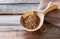 Granulated instant chicory in large wooden spoon