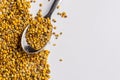 Granules of bee pollen on a sheet of white paper with a teaspoonful of granules Royalty Free Stock Photo