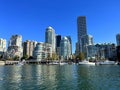 Granville Island Ferry boat docked along in Granville island near Burrard Street Bridge at twilight in Vancouver Canada Royalty Free Stock Photo