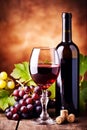 grape beverage alcohol wine food drink glass bottle background winery leaf. Generative AI. Royalty Free Stock Photo