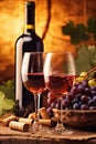 grape bottle beverage food sunset drink glass wine background winery alcohol. Generative AI. Royalty Free Stock Photo