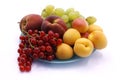 Grape bunch, peaches, red currants and apricot close-up Royalty Free Stock Photo