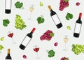 Grape bunch seamless pattern with red, white wine glasses and bottles on gray background, Red and white grapes pattern