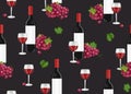 Grape bunch seamless pattern with red wine glasses and bottles on black background, Red grapes pattern background, Red wine Royalty Free Stock Photo