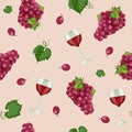 Grape bunch seamless pattern with red wine glasses on rose pink background, Red grapes pattern background, Red wine Royalty Free Stock Photo