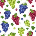 Grape bunch seamless pattern on white background with leaves, Fresh organic food, Dark blue grapes, red and white grapes Royalty Free Stock Photo