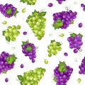 Grape bunch seamless pattern on white background with leaves, Fresh organic food, Dark blue grapes, purple and white grapes Royalty Free Stock Photo