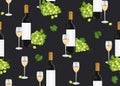 Grape bunch seamless pattern with white wine glasses and bottles on black background, White grapes pattern background