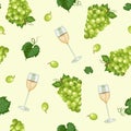 Grape bunch seamless pattern with white wine glasses on green background, White grapes pattern background, White wine Royalty Free Stock Photo