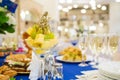 Grape and cheese canapÃÂ©s. Festively laid tables at the Banquet. Various delicacies, snacks and drinks. Catering Royalty Free Stock Photo