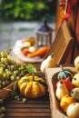 Grape, decorative pumpkins, gourd and squash on wooden table