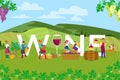 Grape farm field production alcohol wine, group farmer together work countryside fresh air landscape flat vector