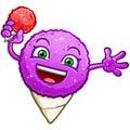 A sweet purple grape flavored snow cone cartoon character holding a small orange snowcone and smiling big