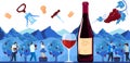 Grape harvest, wine production vector illustration, cartoon flat winemaker characters harvesting, making alcohol drink