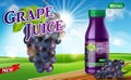 Grape juice bottle with bokeh background on wooden table. Juice container package ad. 3d realistic grape Vector