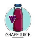 Grape juice in a glass bottle isolated on white background vector illustration, cartoon style logo or badge for pure fresh juice, Royalty Free Stock Photo