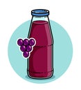 Grape juice in a glass bottle isolated on white background vector illustration, cartoon style logo or badge for pure fresh juice, Royalty Free Stock Photo