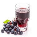 Grape juice. Glass of fresh appetizing black grape juice and a bunch of berries isolated on white Royalty Free Stock Photo