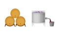 Grape Juice in Wooden Barrel and Metal Tank for Berry Crushing and Squeezing Vector Set